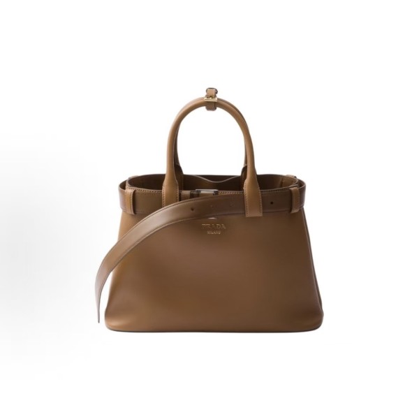 PRADA Buckle embossed engraved logo, detachable and adjustable shoulder strap, single-shoulder crossbody handbag, medium size for women, caramel color